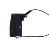 Rugged black handheld device with a circular power button and attached charging cable