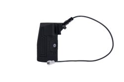 Rugged black handheld device with a circular power button and attached charging cable