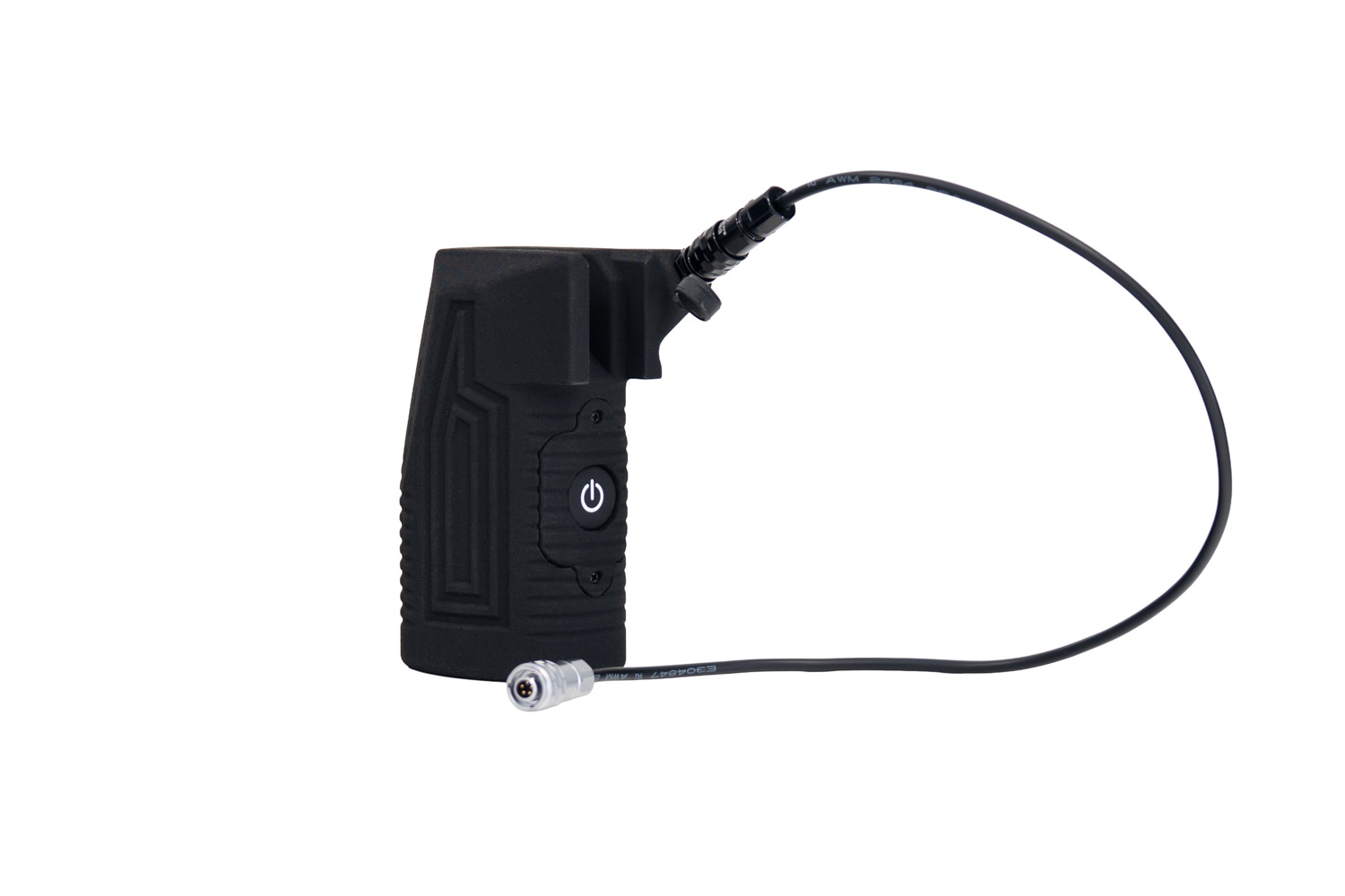 Rugged black handheld device with a circular power button and attached charging cable