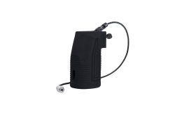 Black ergonomic handheld device with a textured grip and a long cable ending in a circular connector.