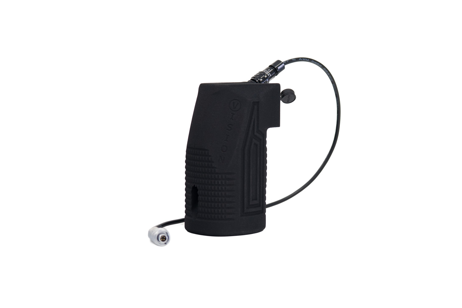 Black ergonomic handheld device with a textured grip and a long cable ending in a circular connector.